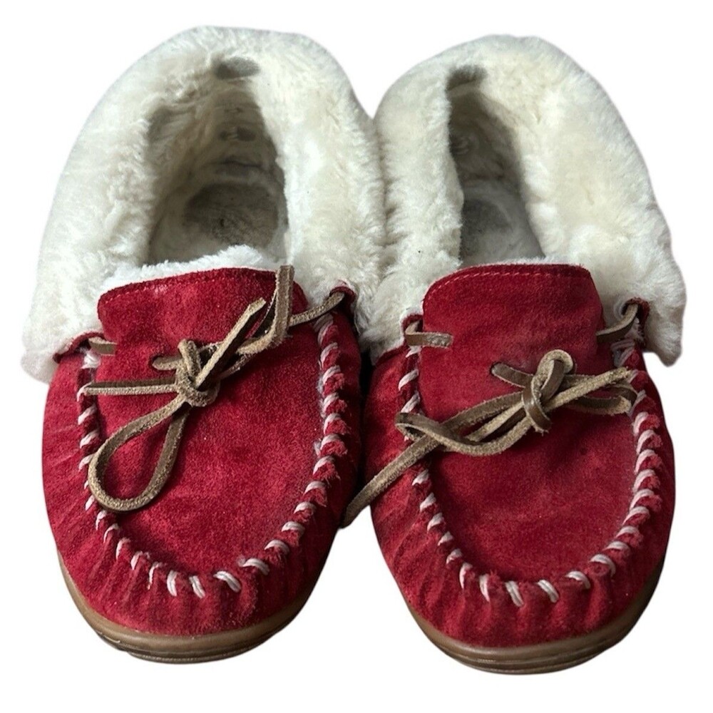 LL Bean Women's Red Wicked Good Moccasins suede upper and shearling interior 7 M